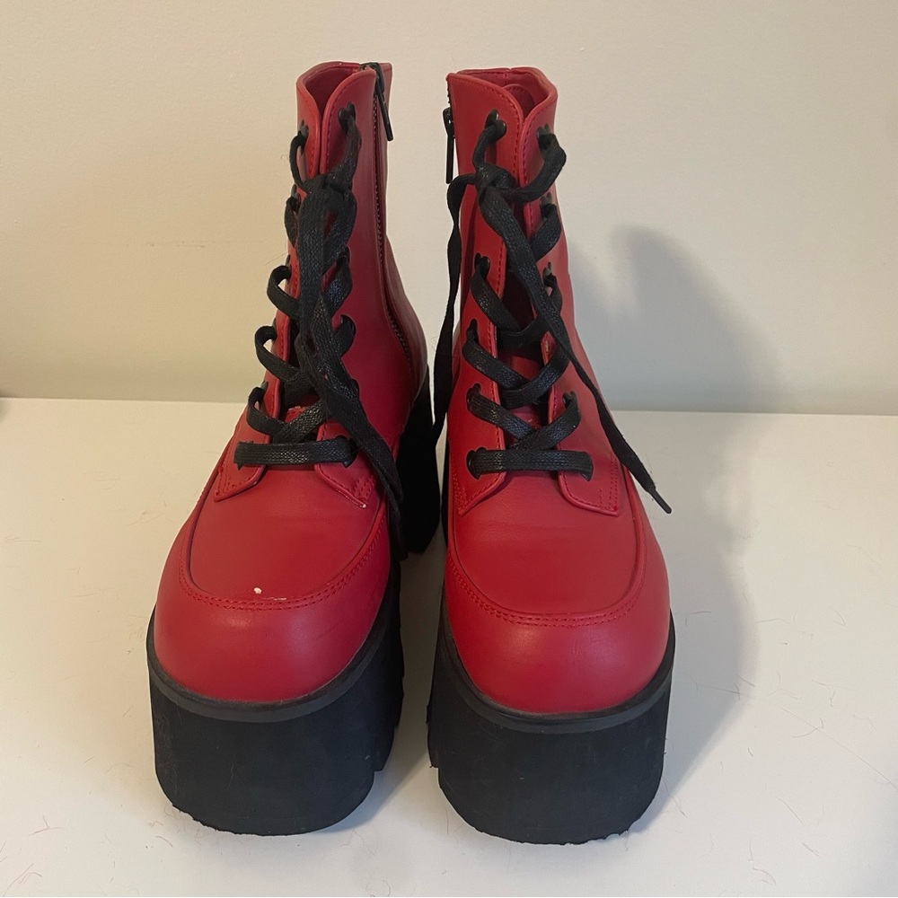 Demonia Red and Black Platform Boots - Picture 2 of 4